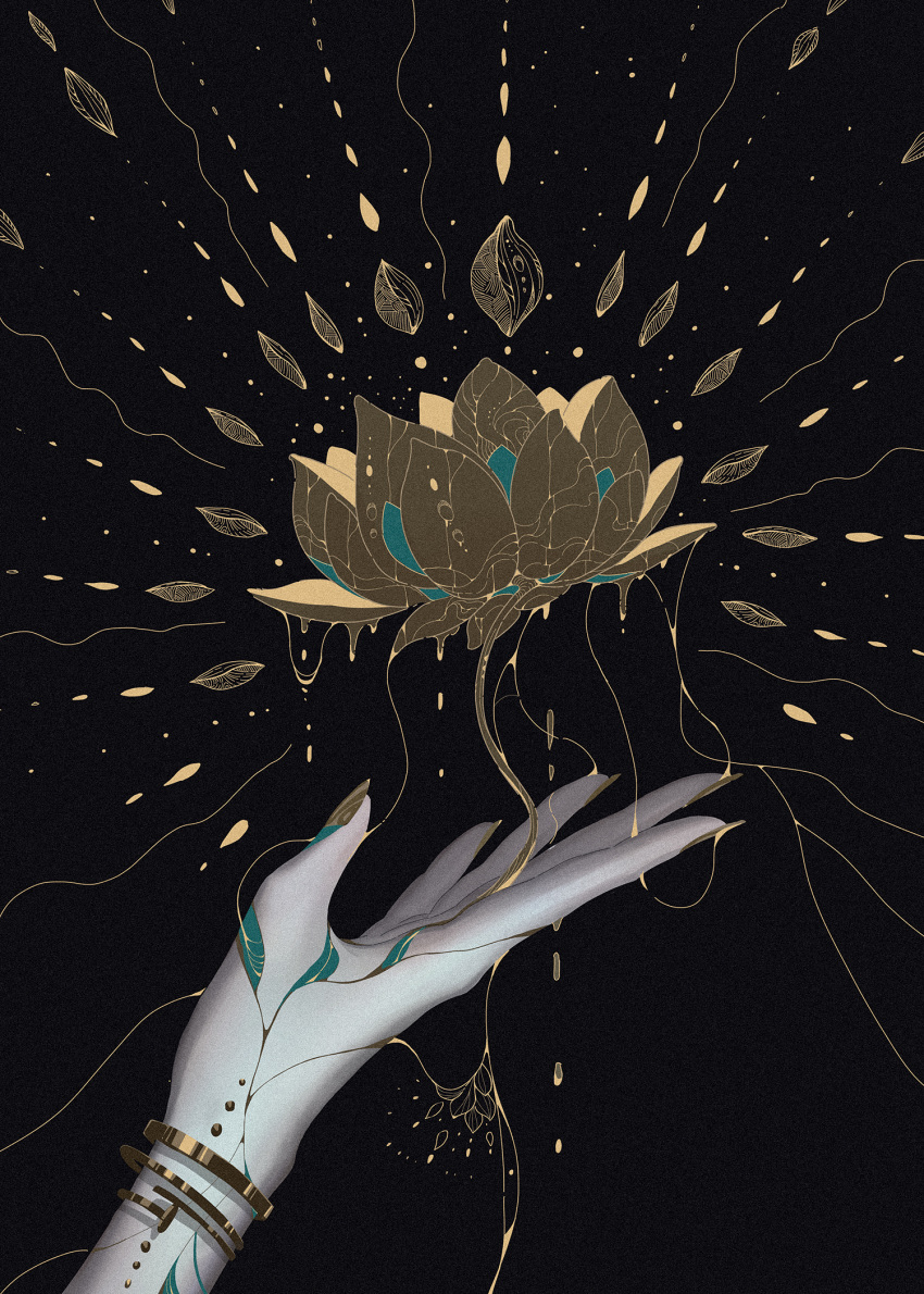 black_background bracelet crack crystal dripping flower gold gold_nails highres houseki_no_kuni jewelry ko_ryou leaking liquid lotus melting molten_metal petals phosphophyllite phosphophyllite_(ll) simple_background