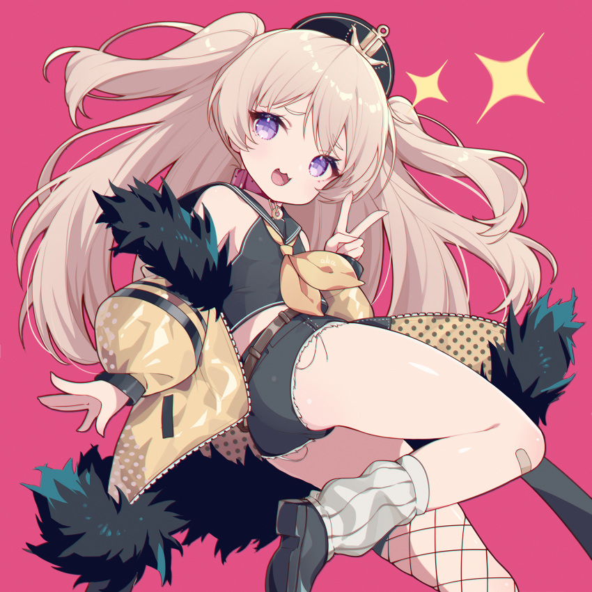 1girl :3 aka_kan ass azur_lane bache_(azur_lane) belt black_footwear black_headwear black_legwear black_shirt blonde_hair collar cutoffs fang fishnet_legwear fishnets from_side fur_trim hat highres jacket kneehighs leg_up legs long_hair looking_back midriff mismatched_legwear off_shoulder open_mouth pink_background pink_eyes sailor_collar shirt shoes short_shorts shorts simple_background single_kneehigh single_thighhigh sleeveless sleeveless_shirt smile solo standing standing_on_one_leg thigh-highs thighs two_side_up v white_legwear yellow_jacket