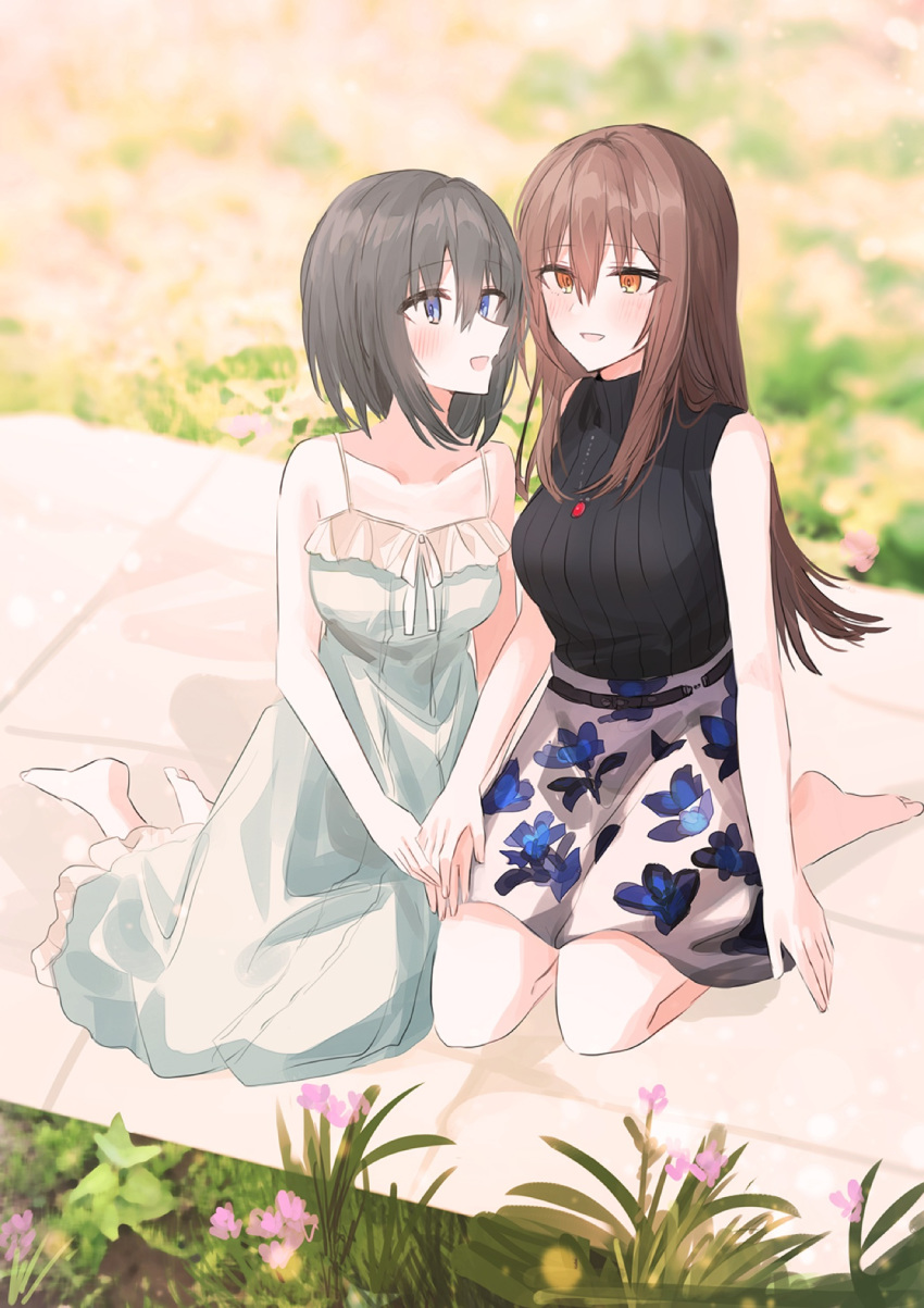 2girls :d animal_print bangs bare_arms bare_shoulders barefoot black_hair black_sweater blue_eyes blurry blurry_background blush borrowed_character breasts brown_eyes brown_hair butterfly_print chihuri collarbone day depth_of_field dress eyebrows_visible_through_hair flower hair_between_eyes hands_together highres japanese_clothes jewelry kimono long_hair medium_breasts multiple_girls open_mouth original outdoors pendant pink_flower print_kimono skirt sleeveless sleeveless_dress sleeveless_sweater sleeveless_turtleneck smile sweater turtleneck turtleneck_sweater very_long_hair white_dress white_skirt yuri