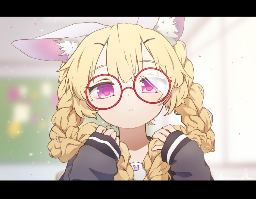 1girl animal_ear_fluff animal_ears blonde_hair blurry blurry_background braid closed_mouth depth_of_field girls_frontline glasses grey_shirt hair_ornament hairclip head_tilt highres holding holding_hair indoors letterboxed long_hair long_sleeves looking_at_viewer mountain_han rabbit_ears red-framed_eyewear round_eyewear school_uniform serafuku shirt sleeves_past_wrists solo sr-3mp_(girls_frontline) twin_braids upper_body violet_eyes