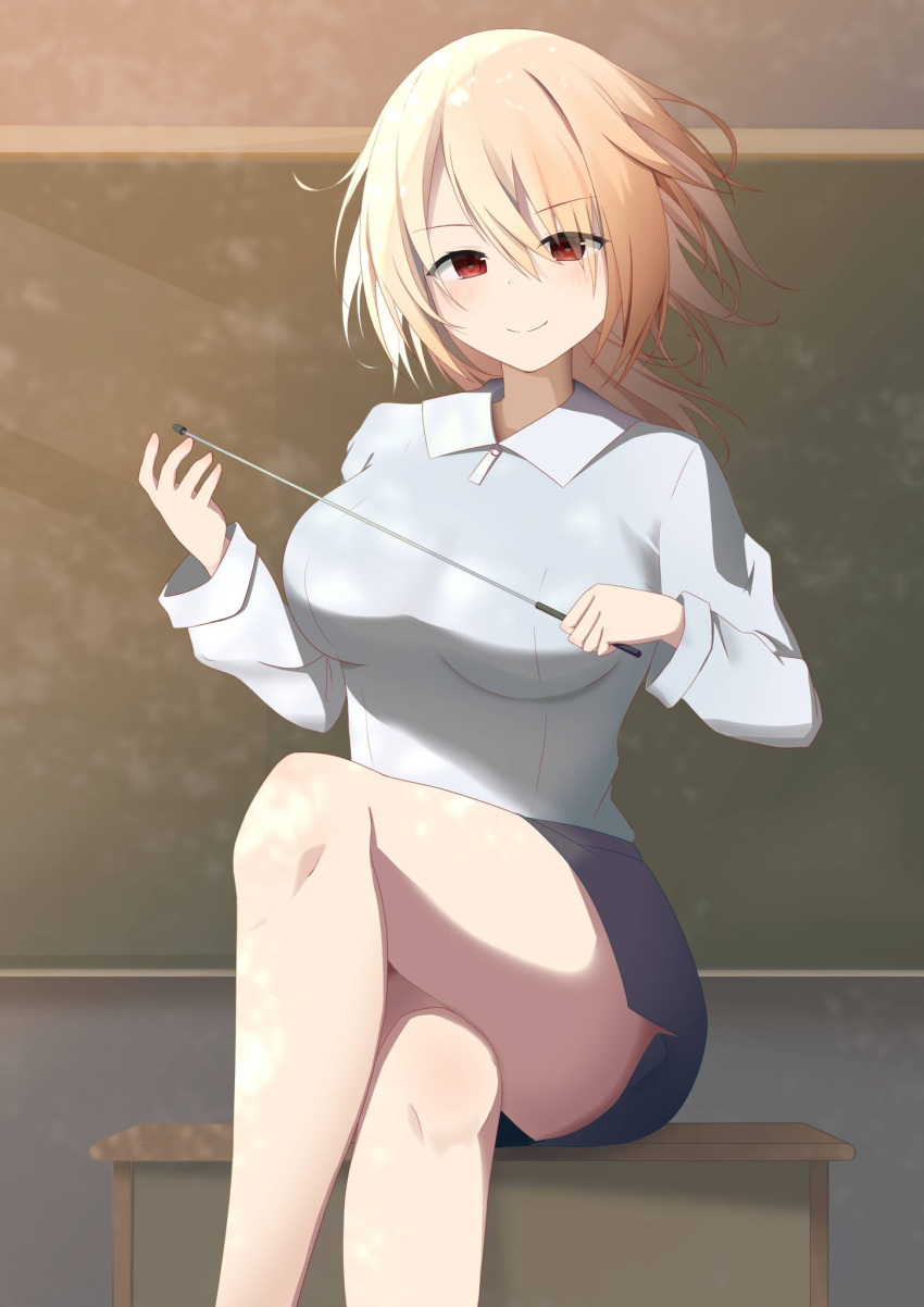 1girl blonde_hair breasts chalkboard classroom crossed_legs feet_out_of_frame fuuraiyuu grey_shirt hair_between_eyes highres large_breasts lectern long_hair long_sleeves looking_at_viewer miniskirt original pencil_skirt pointer red_eyes school shirt sitting skirt smile solo sunlight teacher