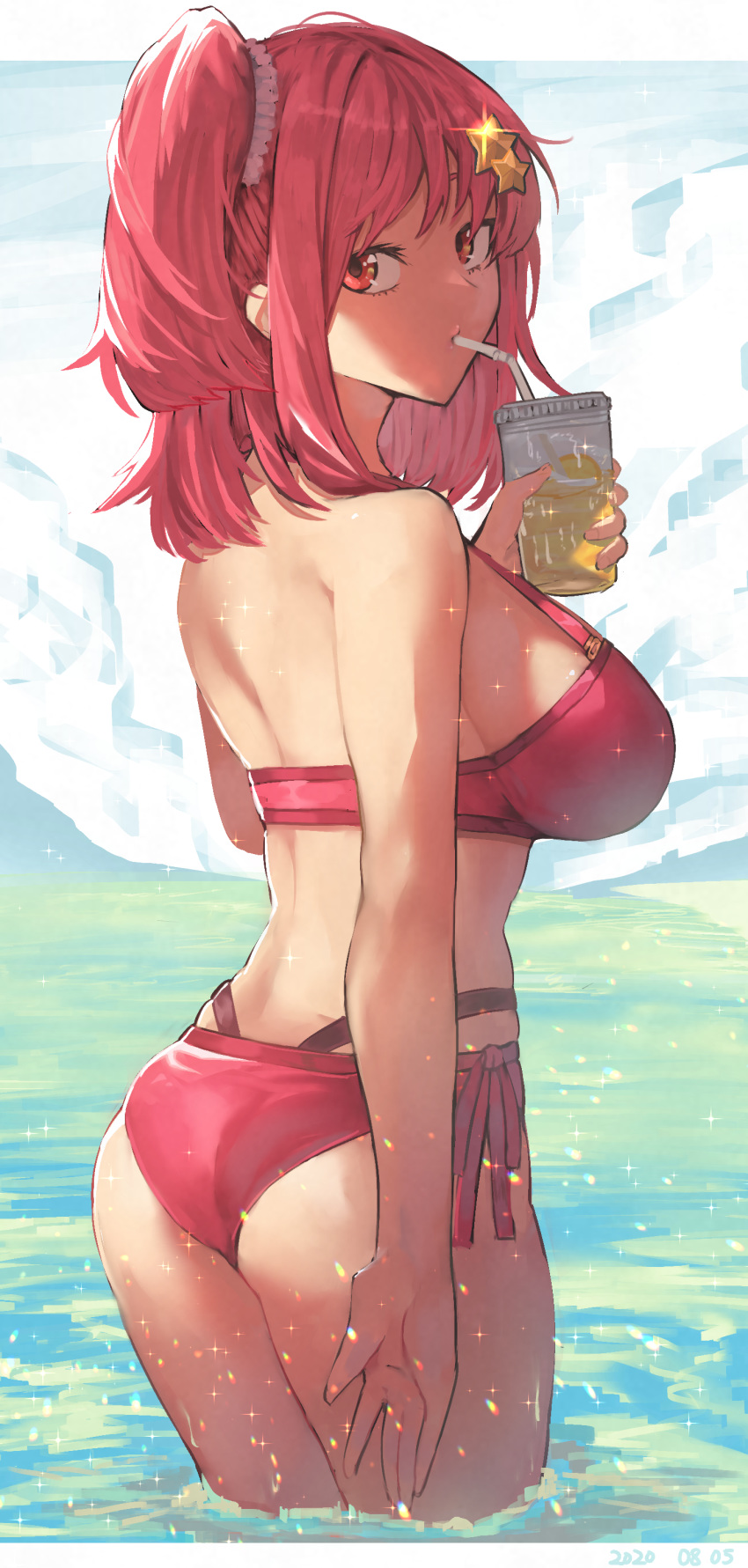 1girl absurdres back bangs bare_shoulders bikini breasts commentary_request cup disposable_cup drinking_straw from_behind hair_ornament highres large_breasts looking_at_viewer looking_to_the_side medium_hair multiple_straps neshia_(tsaqif0309) original partially_submerged red_bikini red_eyes redhead scrunchie side-tie_bikini side_ponytail sideboob sidelocks standing star_(symbol) star_hair_ornament swimsuit water white_scrunchie