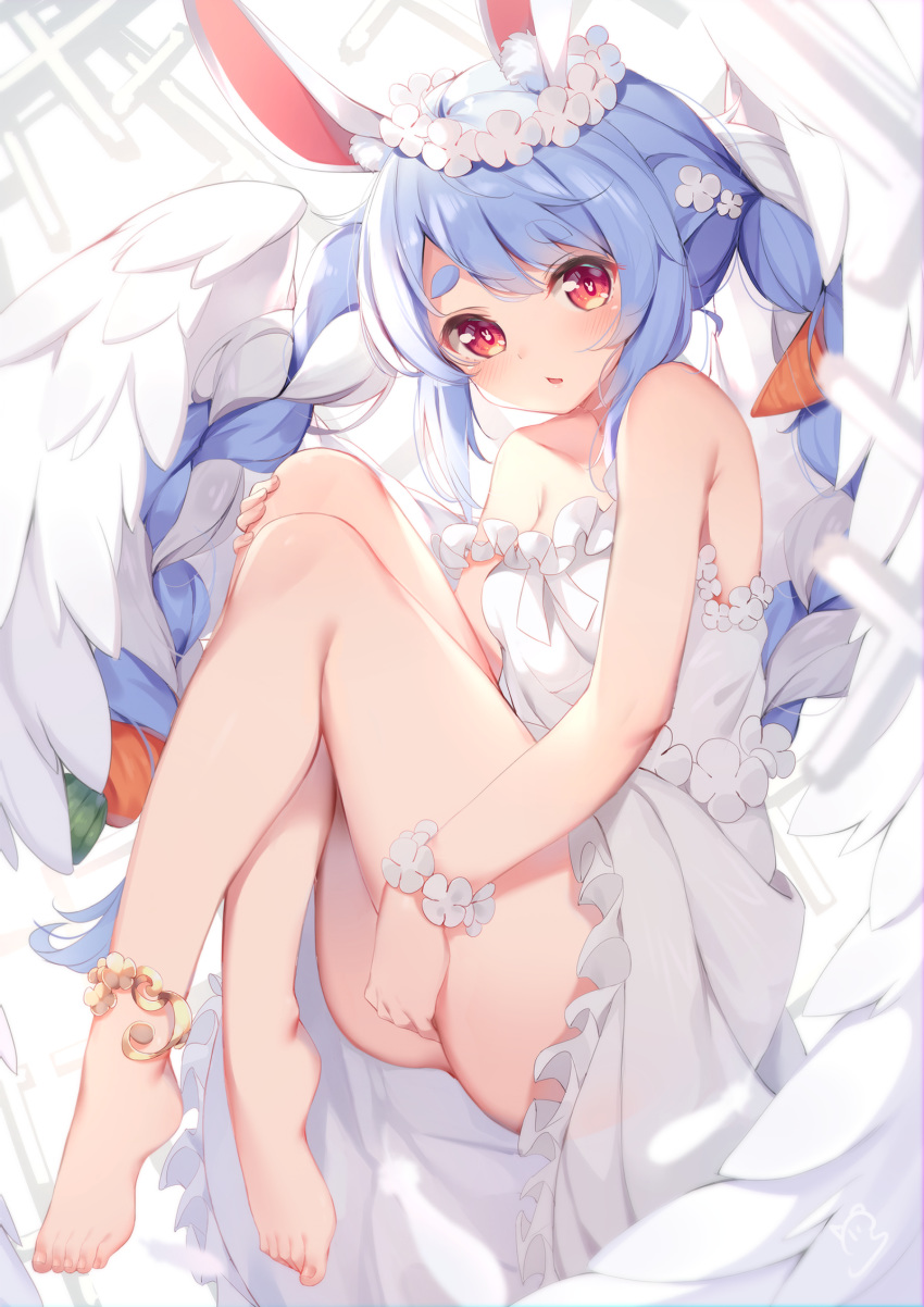 1girl animal_ear_fluff animal_ears ass bare_arms bare_shoulders barefoot blue_hair braid breasts commentary dress english_commentary feathered_wings flower flower_bracelet full_body hair_flower hair_ornament highres hololive knees_up looking_at_viewer multicolored_hair nahaki parted_lips rabbit_ears red_eyes sleeveless sleeveless_dress small_breasts solo strap_slip twin_braids twintails two-tone_hair usada_pekora virtual_youtuber white_dress white_flower white_hair white_wings wings