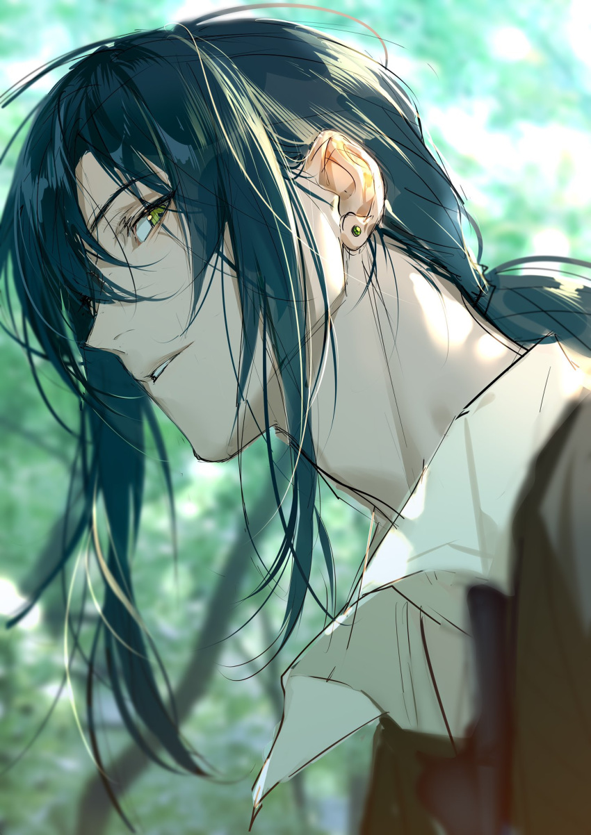 1boy bangs blurry blurry_background collared_shirt commentary_request earrings fate/grand_order fate_(series) green_eyes green_hair hair_between_eyes highres jewelry looking_to_the_side low_tied_hair parted_lips rrr_(reason) shirt sidelocks tree white_shirt yan_qing_(fate/grand_order)