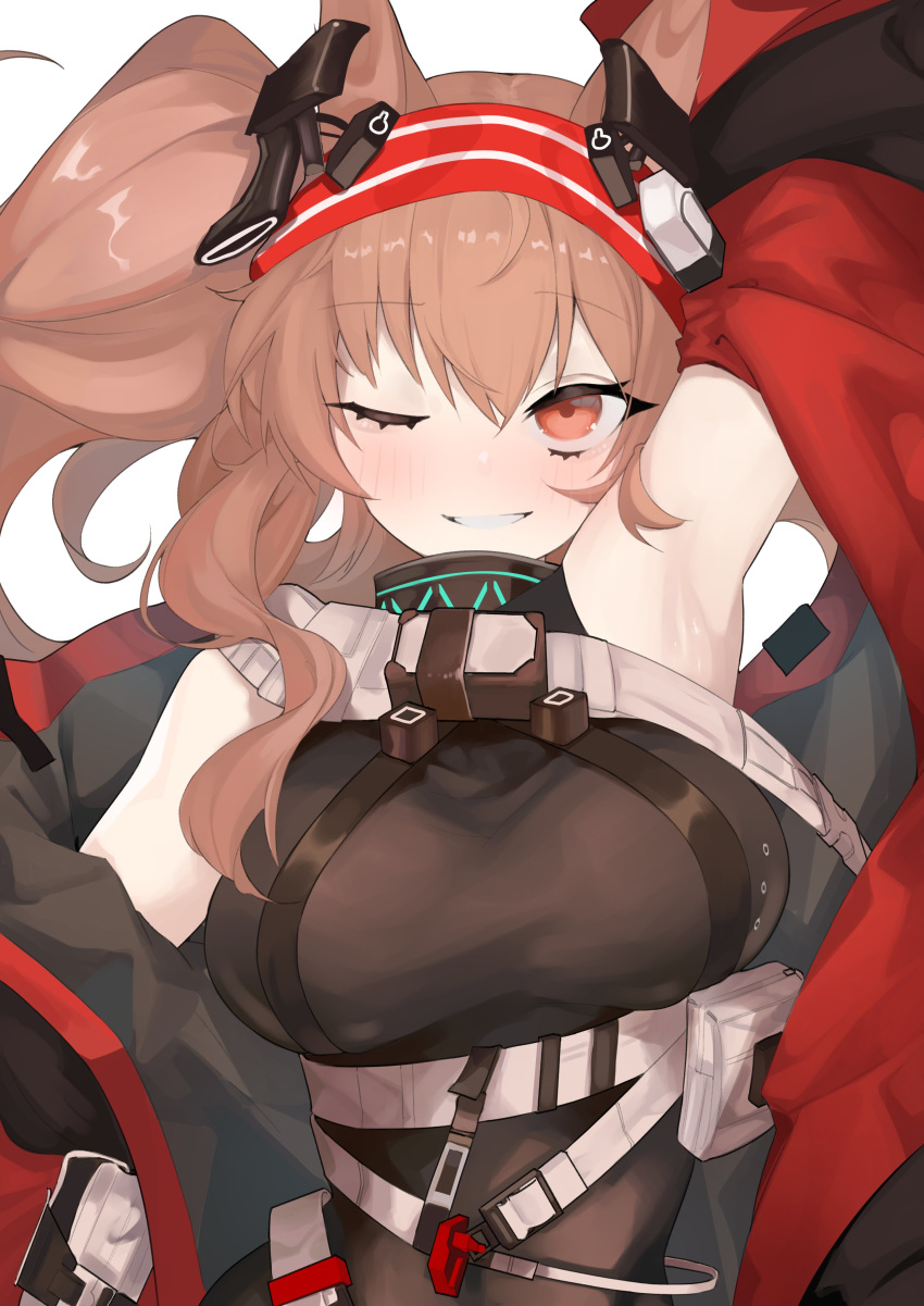 1girl absurdres alternate_costume angelina_(arknights) animal_ears arknights arm_up armpits bangs black_choker black_leotard blush breasts brown_hair buckle choker coat earpiece facing_viewer fataaa fox_ears hair_between_eyes hairband highres leotard looking_at_viewer medium_hair off_shoulder one_eye_closed open_clothes open_coat open_mouth red_coat red_eyes red_hairband simple_background smile solo strap striped striped_hairband twintails upper_body white_background