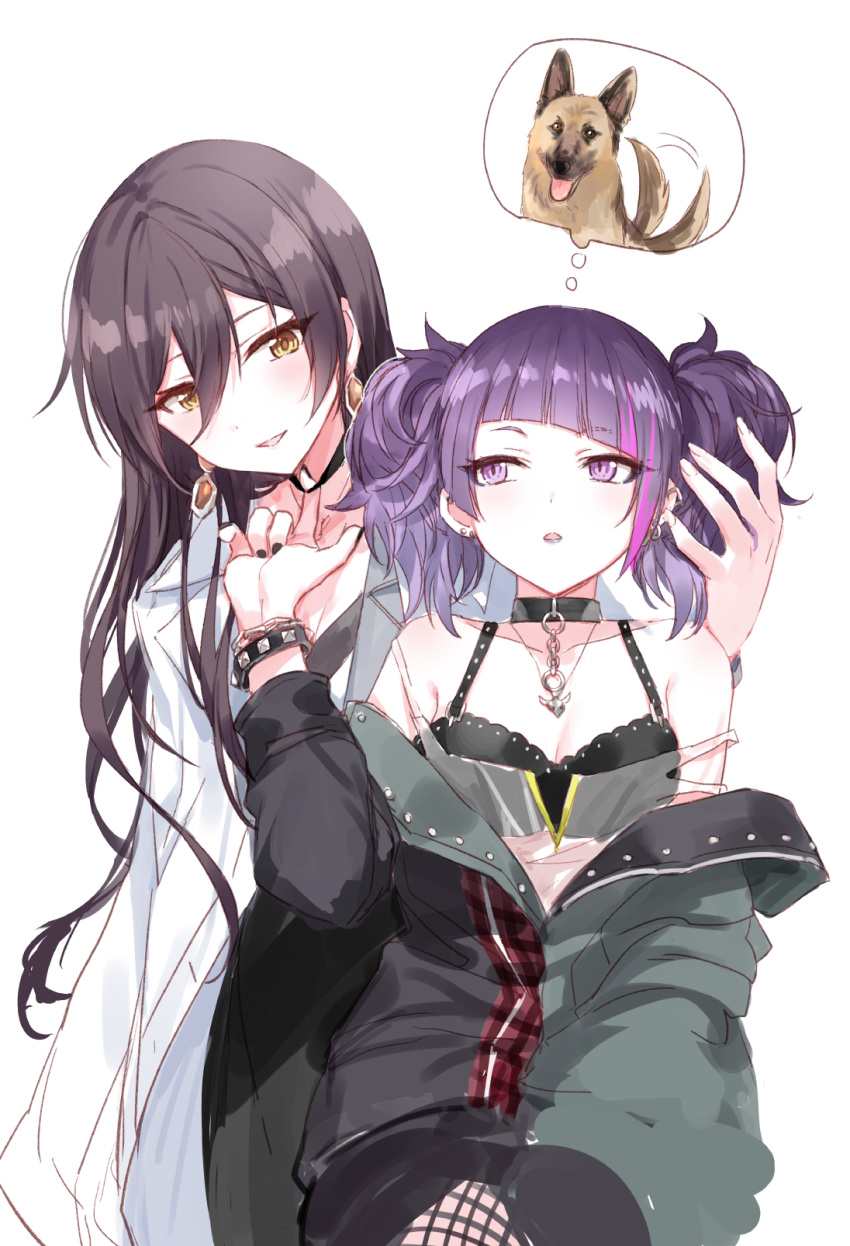 2girls bangs bare_shoulders black_choker black_hair black_nails chain choker collarbone commentary_request diagonal_bangs ear_piercing earrings green_jacket highres idolmaster idolmaster_shiny_colors jacket jewelry long_hair multicolored_hair multiple_girls nail_polish necklace open_clothes open_jacket piercing purple_hair romi_(346_ura) shirase_sakuya short_hair short_twintails spaghetti_strap streaked_hair studded_bracelet tanaka_mamimi twintails violet_eyes white_background yellow_eyes