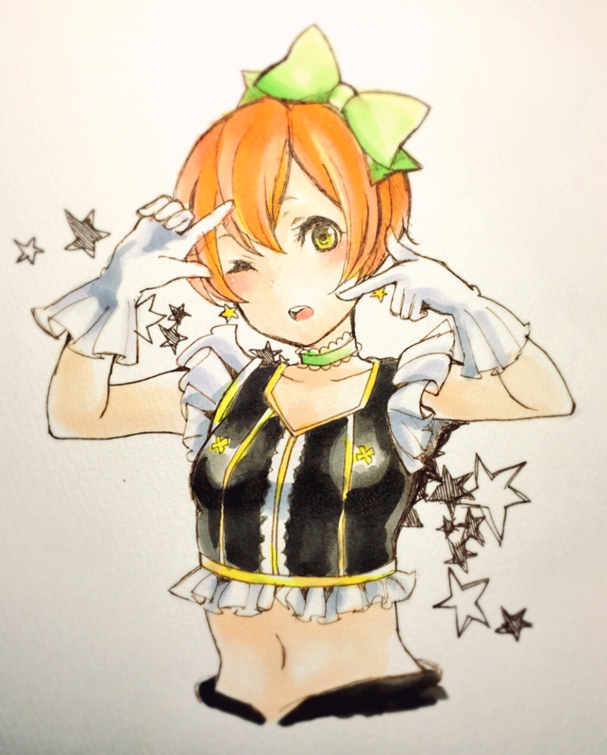 1girl bangs blonde_hair choker collarbone crop_top cropped_torso gloves green_choker hair_between_eyes highres hoshizora_rin love_live! love_live!_school_idol_project midriff navel one open_mouth shiny shiny_hair short_hair simple_background solo stomach upper_body uro_(m369) white_background white_gloves yellow_eyes