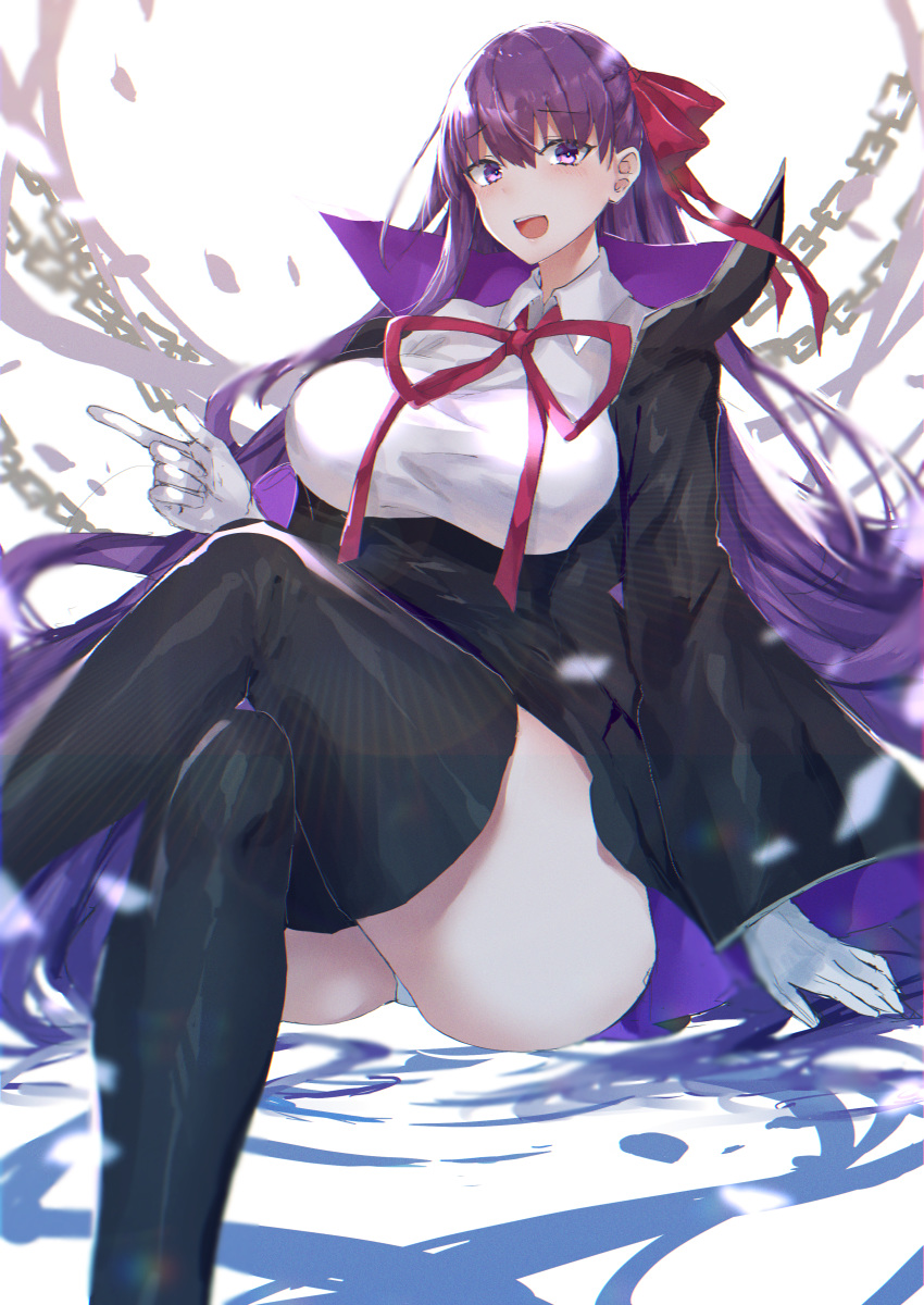 1girl absurdres bangs bb_(fate)_(all) bb_(fate/extra_ccc) black_coat black_skirt blush breasts chain coat crossed_legs fate/extra fate/extra_ccc fate_(series) gloves hair_ribbon high-waist_skirt highres hitomin_(ksws7544) huge_filesize large_breasts leotard long_hair long_sleeves looking_at_viewer neck_ribbon open_clothes open_coat open_mouth popped_collar purple_hair red_ribbon ribbon ripples sitting skirt smile thighs very_long_hair violet_eyes water white_background white_gloves white_leotard wide_sleeves
