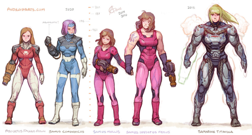 5girls alternate_costume arm_cannon arne_(android_arts) blonde_hair blue_bodysuit bodysuit breasts brown_hair commentary english_commentary hand_cannon height_chart holding_hands justin_bailey long_hair medium_breasts medium_hair metroid multicolored multicolored_bodysuit multicolored_clothes multiple_girls multiple_persona muscle muscular_female pink_bodysuit ponytail purple_hair red_bodysuit samus_aran science_fiction shoulder_tattoo sleeveless tattoo varia_suit weapon zero_suit