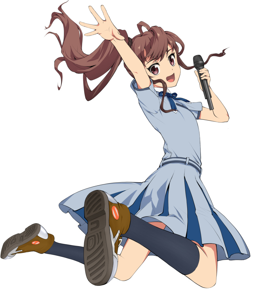 1girl 22/7 :d arm_up black_legwear blue_shirt blue_skirt brown_eyes brown_footwear full_body highres idol_clothes jumping kneehighs long_hair lsxilo microphone open_mouth shirt shoes short_sleeves side_ponytail sidelocks simple_background skirt smile sneakers solo toda_jun white_background