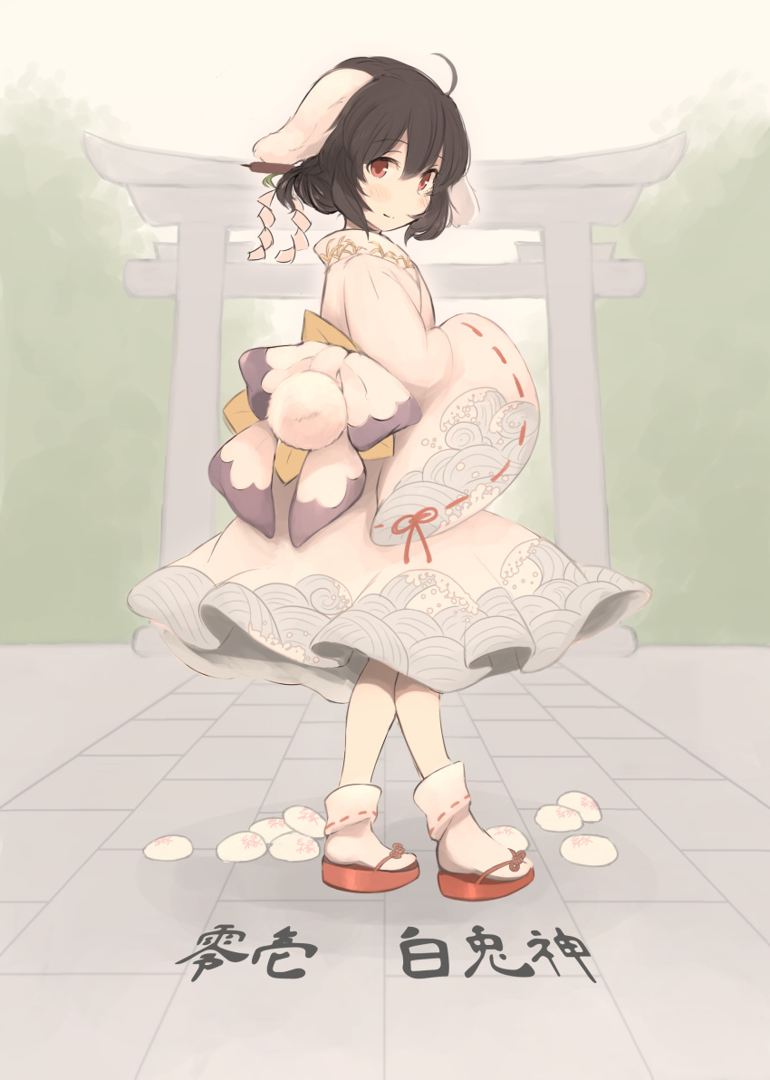 1girl absurdres ahoge black_hair closed_mouth dress eyebrows_visible_through_hair from_side hair_bun hair_ornament hairpin highres inaba_tewi inazakura00 long_fangs looking_at_viewer nihonga red_eyes sandals short_hair sleeves_past_fingers sleeves_past_wrists smile solo tabi torii touhou translation_request white_dress white_legwear wide_sleeves