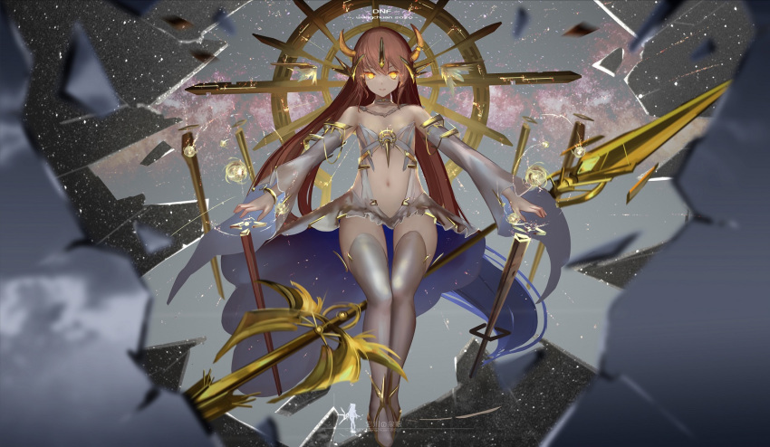 1girl bangs battle_mage_(dungeon_and_fighter) breasts brown_hair center_opening choker detached_sleeves dress dungeon_and_fighter highres horns invisible_chair long_hair looking_at_viewer navel sitting small_breasts solo staff strapless strapless_dress thigh-highs wangchuan_de_quanyan white_legwear yellow_eyes