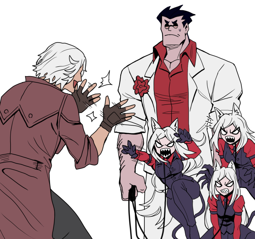 2boys 3girls animal_ears arm_hair bared_teeth black_gloves black_hair black_pants black_vest byeonbulkan casual_suit cerberus_(helltaker) clapping commentary crossover dante_(devil_may_cry) demon_girl demon_tail devil_may_cry devil_may_cry_3 dog_ears dog_girl english_commentary fingerless_gloves gloves helltaker helltaker_(character) highres multiple_boys multiple_girls no_pupils pants parody popped_collar red_shirt sharp_teeth shirt sleeves_pushed_up sunglasses sweatdrop tail taunting teeth trench_coat triplets vest white_hair