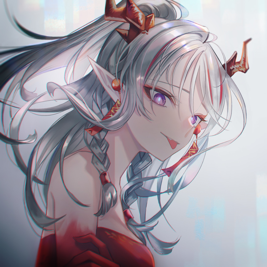 1girl :p arknights bandeau bangs bare_shoulders breasts commentary eyeshadow fuyuumikou grey_background half_updo highres horns long_hair looking_at_viewer makeup medium_breasts nian_(arknights) pointy_ears silver_hair solo strapless tongue tongue_out tubetop upper_body violet_eyes