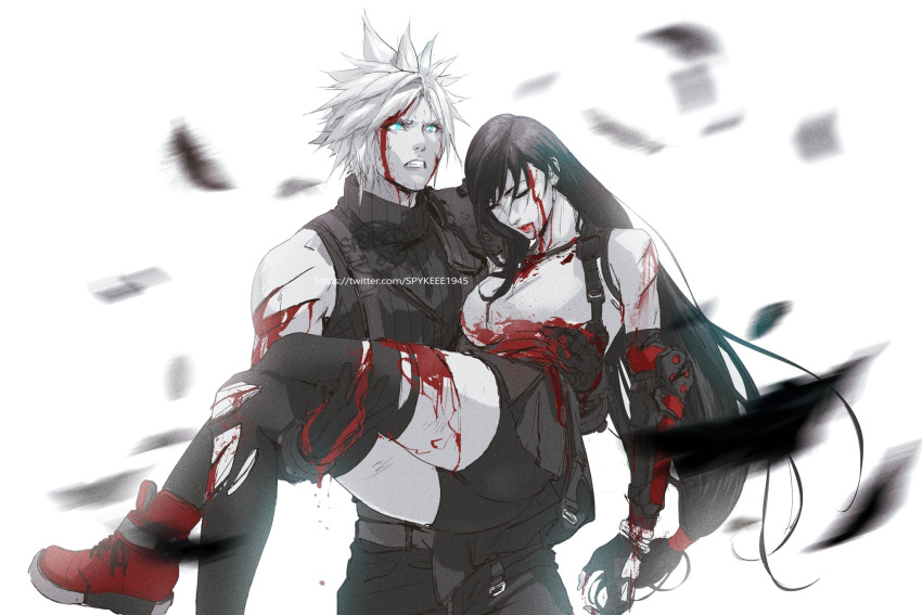 1boy 1girl angry bike_shorts black_feathers black_hair bleeding blonde_hair blood blood_on_arm blood_on_face blood_on_leg bloody_clothes blue_eyes carrying clenched_teeth closed_eyes cuts feathers final_fantasy final_fantasy_vii final_fantasy_vii_remake gloves greyscale highres injury long_hair monochrome red_footwear sephiroth skirt spykeee1945 teeth thigh-highs twitter_username unconscious vambraces