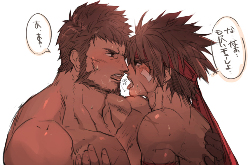2boys bara blush brown_hair chest dungeon_and_fighter facial_hair french_kiss headband kiss male_fighter_(dungeon_and_fighter) male_focus male_priest_(dungeon_and_fighter) multiple_boys muscle nikism pectoral_grab pectorals priest_(dungeon_and_fighter) saliva saliva_trail striker_(dungeon_and_fighter) sweat translation_request upper_body yaoi