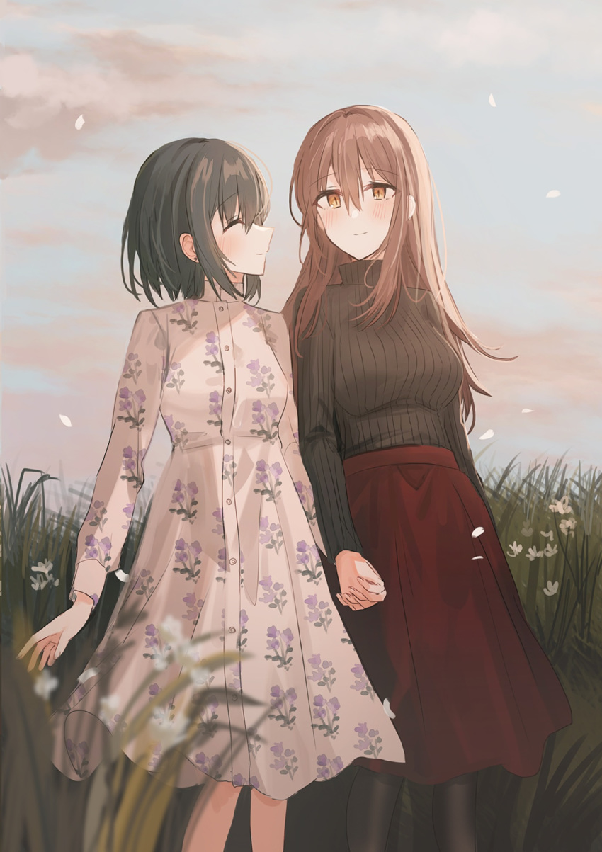 2girls ^_^ bangs black_hair black_legwear black_sweater blurry blurry_foreground blush borrowed_character breasts brown_eyes brown_hair chihuri closed_eyes closed_mouth day depth_of_field dress eyebrows_visible_through_hair facing_another floral_print flower grass hair_between_eyes highres holding_hands interlocked_fingers long_hair long_sleeves looking_at_another medium_breasts multiple_girls original outdoors pantyhose print_dress profile red_skirt ribbed_sweater skirt small_breasts smile sweater turtleneck turtleneck_sweater very_long_hair white_dress white_flower yuri