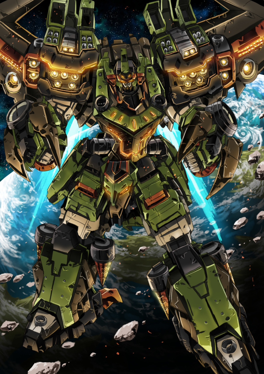 clenched_hands drill flying garimpeiro gimp_(medium) glowing glowing_eyes highres looking_down making-of_available mecha no_humans orange_eyes original solo space wrist_blades