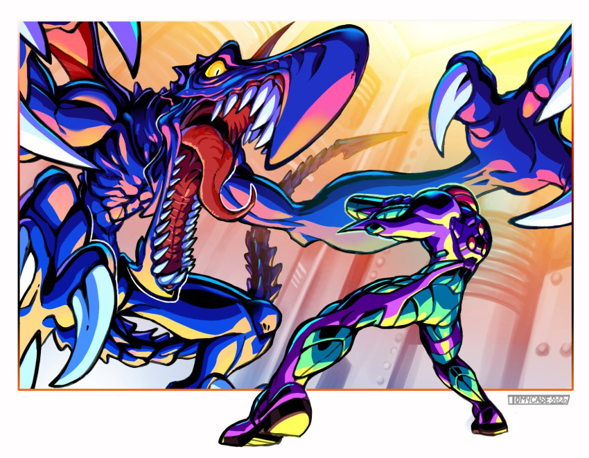 1boy 1girl aiming arm_cannon claws english_commentary fighting highres metroid_fusion monster open_hands open_mouth power_armor ridley samus_aran tail tomycase tongue weapon yellow_eyes