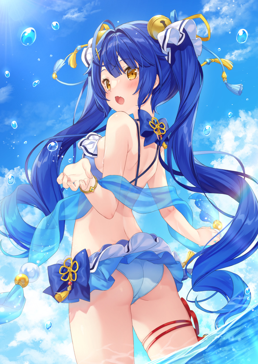 1girl :o absurdres ahoge amamiya_kokoro ass bare_shoulders bell bikini bikini_skirt blue_bikini blue_bow blue_hair blue_sky bow clouds fang highres jimmy jingle_bell leg_ribbon long_hair looking_at_viewer looking_back nijisanji open_mouth orange_eyes outdoors ribbon shawl sky solo standing swimsuit thighs twintails very_long_hair virtual_youtuber wading water