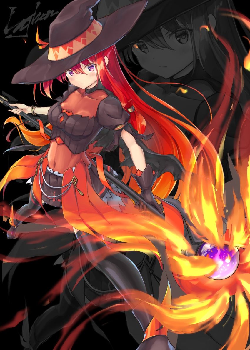 1girl artist_name black_background black_gloves black_headwear black_legwear black_shirt black_skirt blush bodysuit breasts cape commentary_request crop_top eyebrows_visible_through_hair fire gloves hair_between_eyes hat highres holding holding_wand lajhen2651 looking_at_viewer medium_breasts navel original puffy_sleeves red_bodysuit redhead shirt simple_background single_glove skirt solo thigh-highs violet_eyes wand witch_hat wristband