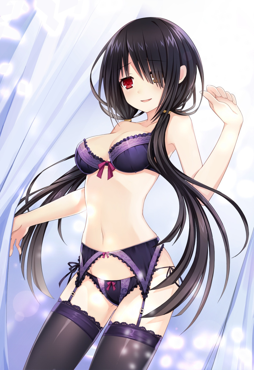 1girl artist_request black_hair bow bow_bra bow_panties bra breasts clock_eyes date_a_live garter_belt hair_over_one_eye highres lingerie long_hair low_twintails medium_breasts open_mouth panties purple_bra purple_panties red_eyes smile solo source_request standing symbol-shaped_pupils thigh-highs tokisaki_kurumi twintails underwear underwear_only very_long_hair yellow_eyes