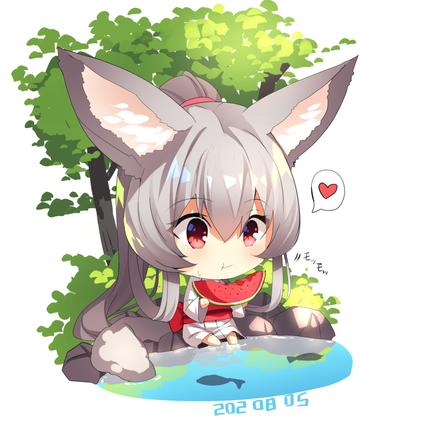 1girl :t absurdres animal animal_ear_fluff animal_ears bangs barefoot chibi closed_mouth commentary_request dated eating eyebrows_visible_through_hair fish food fox_ears fox_girl fox_tail fruit grey_hair hair_between_eyes heart high_ponytail highres holding holding_food japanese_clothes kimono long_hair long_sleeves obi original ponytail red_eyes sash sidelocks sitting solo spoken_heart sweat tail tree very_long_hair water watermelon white_background white_kimono wide_sleeves yuuji_(yukimimi)