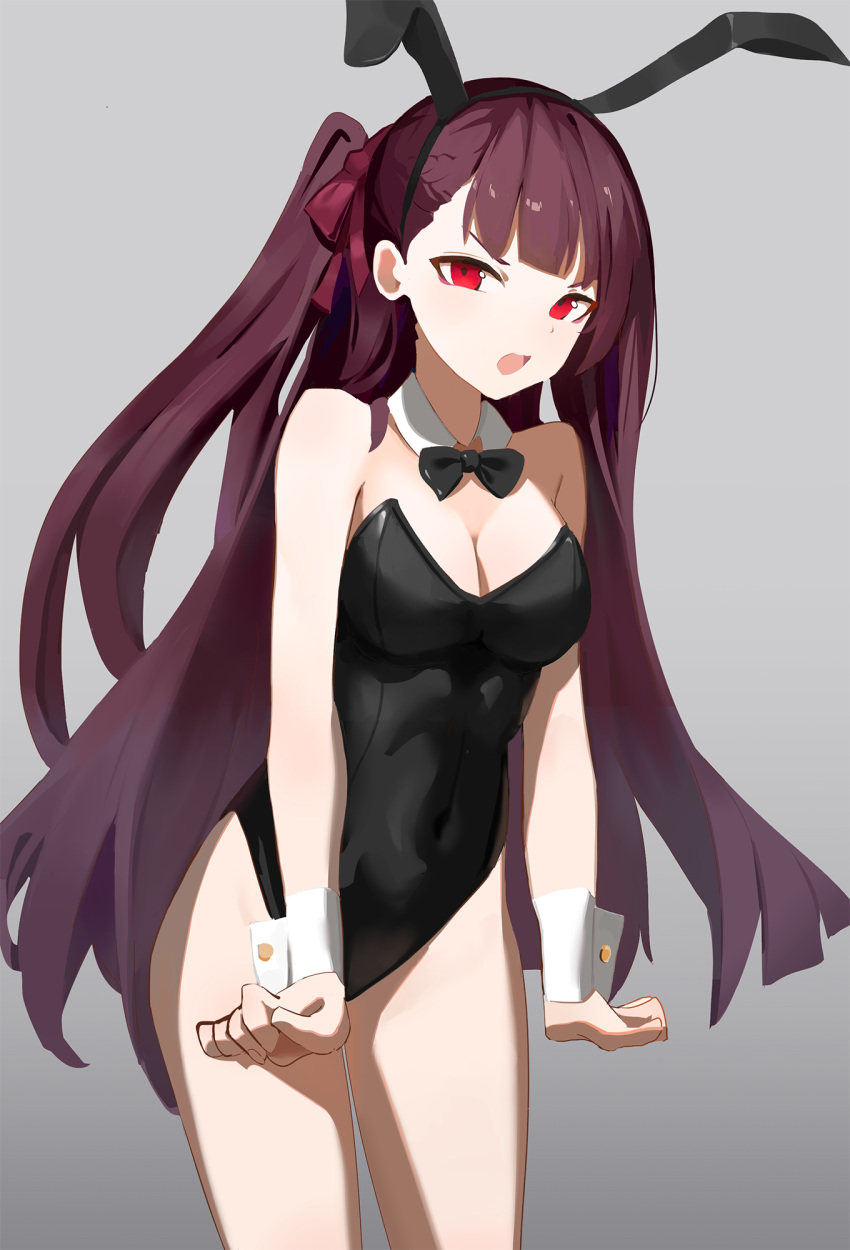1girl animal_ears bangs bare_legs black_bow blunt_bangs blush bow bowtie braid bunnysuit collar detached_collar french_braid girls_frontline grey_background hair_bow half_updo headband highres hsien long_hair looking_at_viewer open_mouth purple_hair rabbit_ears red_bow red_eyes side_ponytail simple_background sleeve_cuffs wa2000_(girls_frontline) white_collar