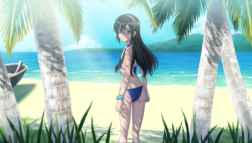 1girl ass beach bikini black_hair blue_bikini blue_scrunchie blue_sky boat clouds commentary_request day flat_chest from_behind glasses green_eyes hairband highres horizon kantai_collection long_hair looking_at_viewer looking_back mikan_29344886 mountain ooyodo_(kantai_collection) outdoors palm_tree scrunchie semi-rimless_eyewear sky solo swimsuit tree under-rim_eyewear watercraft white_hairband wrist_scrunchie