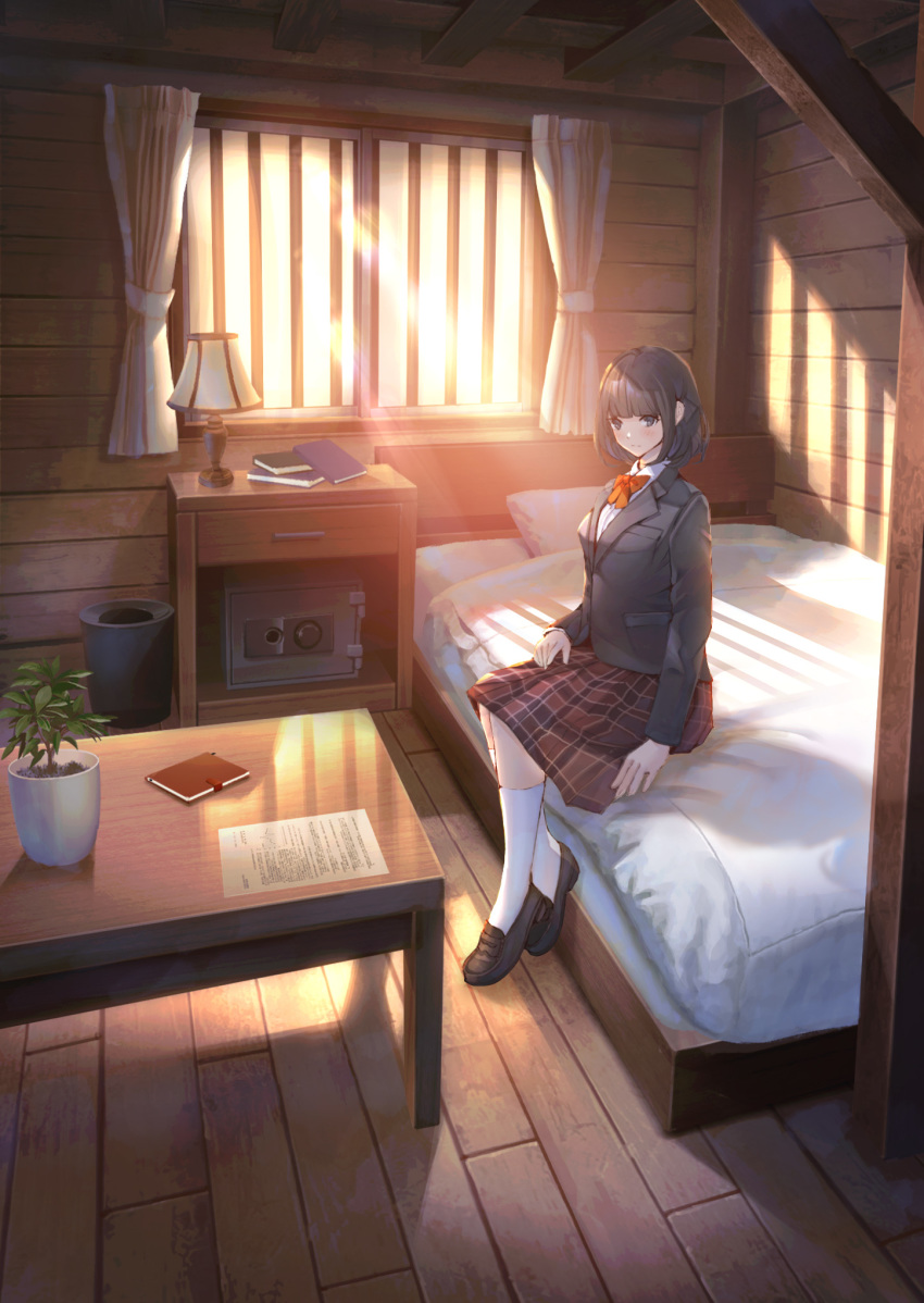 1girl bad_perspective bangs bed black_hair blazer blunt_bangs bob_cut book bow copyright_request curtains expressionless from_side grey_eyes highres indoors jacket kneehighs light_rays loafers long_sleeves looking_at_viewer nightstand official_art on_bed paper plaid plaid_skirt plant potted_plant red_bow red_skirt safe_(container) school_uniform shadow sho_(shoichi-kokubun) shoes short_hair sitting skirt solo sunbeam sunlight table trash_can white_legwear wide_shot window window_shade wooden_floor