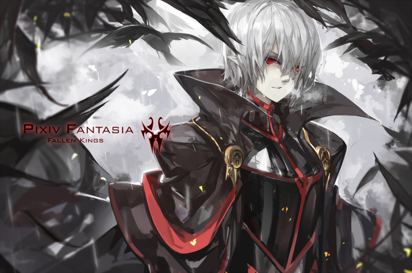 1boy armor black_armor black_cape breath cape character_request copyright_name hair_between_eyes highres male_focus parted_lips pixiv_fantasia pixiv_fantasia_fallen_kings plant pointy_ears rain red_eyes reflection saberiii shiny solo upper_body vampire wet white_hair
