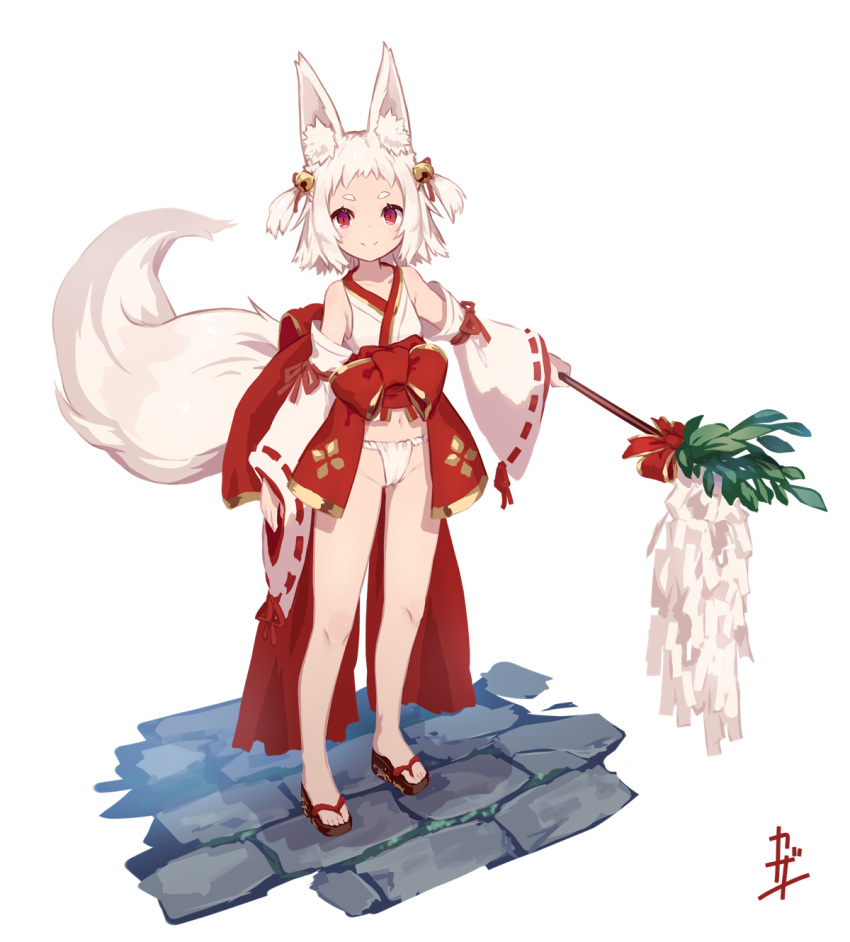 1girl animal_ear_fluff animal_ears bare_shoulders bell bow brown_footwear closed_mouth collarbone detached_sleeves fox_ears fox_girl fox_tail fundoshi gohei groin hair_bell hair_ornament hair_ribbon highres holding japanese_clothes jingle_bell kazana_(sakuto) kimono long_sleeves looking_at_viewer navel original red_bow red_eyes red_ribbon ribbon ribbon-trimmed_sleeves ribbon_trim short_eyebrows short_hair signature simple_background sleeveless sleeveless_kimono sleeves_past_wrists smile solo standing tail thick_eyebrows two_side_up white_background white_hair white_kimono white_sleeves wide_sleeves zouri