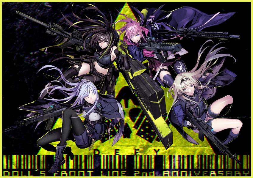 4girls absurdres ak-12_(girls_frontline) an-94_(girls_frontline) anniversary artist_request black_hair breasts character_request closed_eyes commentary_request dual_wielding eyebrows_visible_through_hair girls_frontline gloves gun highres holding holding_gun holding_weapon long_hair looking_at_viewer m4a1_(girls_frontline) midriff multiple_girls official_art pink_hair pouch scope thigh-highs weapon white_hair