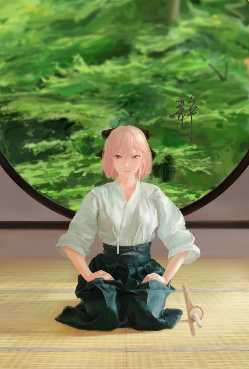 1girl absurdres closed_mouth commentary_request fate/grand_order fate_(series) hair_between_eyes highres indoors japanese_clothes kimono kneeling long_skirt long_sleeves looking_at_viewer okita_souji_(fate) okita_souji_(fate)_(all) pink_hair pixiv_fate/grand_order_contest_2 serious short_hair skirt solo sunlight tatami tree white_kimono window xilmo