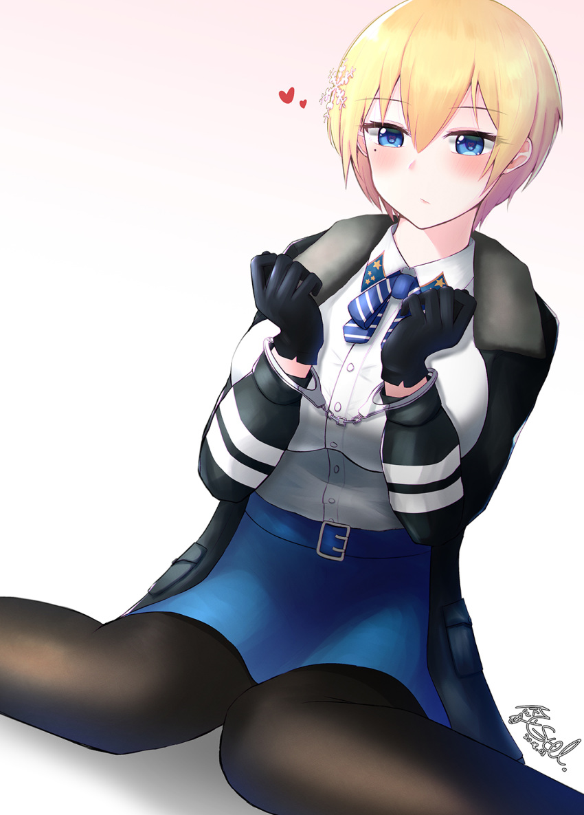 1girl bangs belt black_gloves black_jacket black_legwear blonde_hair blue_belt blue_eyes blue_neckwear blue_skirt blush bound bound_wrists breasts closed_mouth collared_shirt commentary_request cowboy_shot cuffs dated dated_commentary eyebrows_visible_through_hair fur-trimmed_jacket fur_trim girls_frontline gloves hair_between_eyes hair_ornament handcuffs heart highres jacket large_breasts long_sleeves mole mole_under_eye mysteltainn neck_ribbon open_clothes open_jacket pantyhose ribbon shadow shirt shirt_tucked_in short_hair sidelocks signature simple_background sitting skirt snowflake_hair_ornament solo vsk-94_(girls_frontline) wariza white_background white_shirt