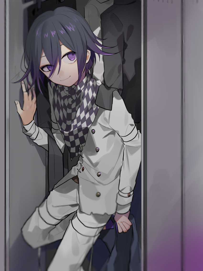 black_jacket checkered checkered_scarf commentary_request dangan_ronpa foot_up hair_between_eyes highres huyuharu0214 jacket jacket_removed long_sleeves looking_at_viewer male_focus multicolored_hair new_dangan_ronpa_v3 ouma_kokichi pants pink_hair purple_hair scarf signature smile solo straitjacket super_dangan_ronpa_2 thigh_strap two-tone_hair violet_eyes white_jacket white_pants