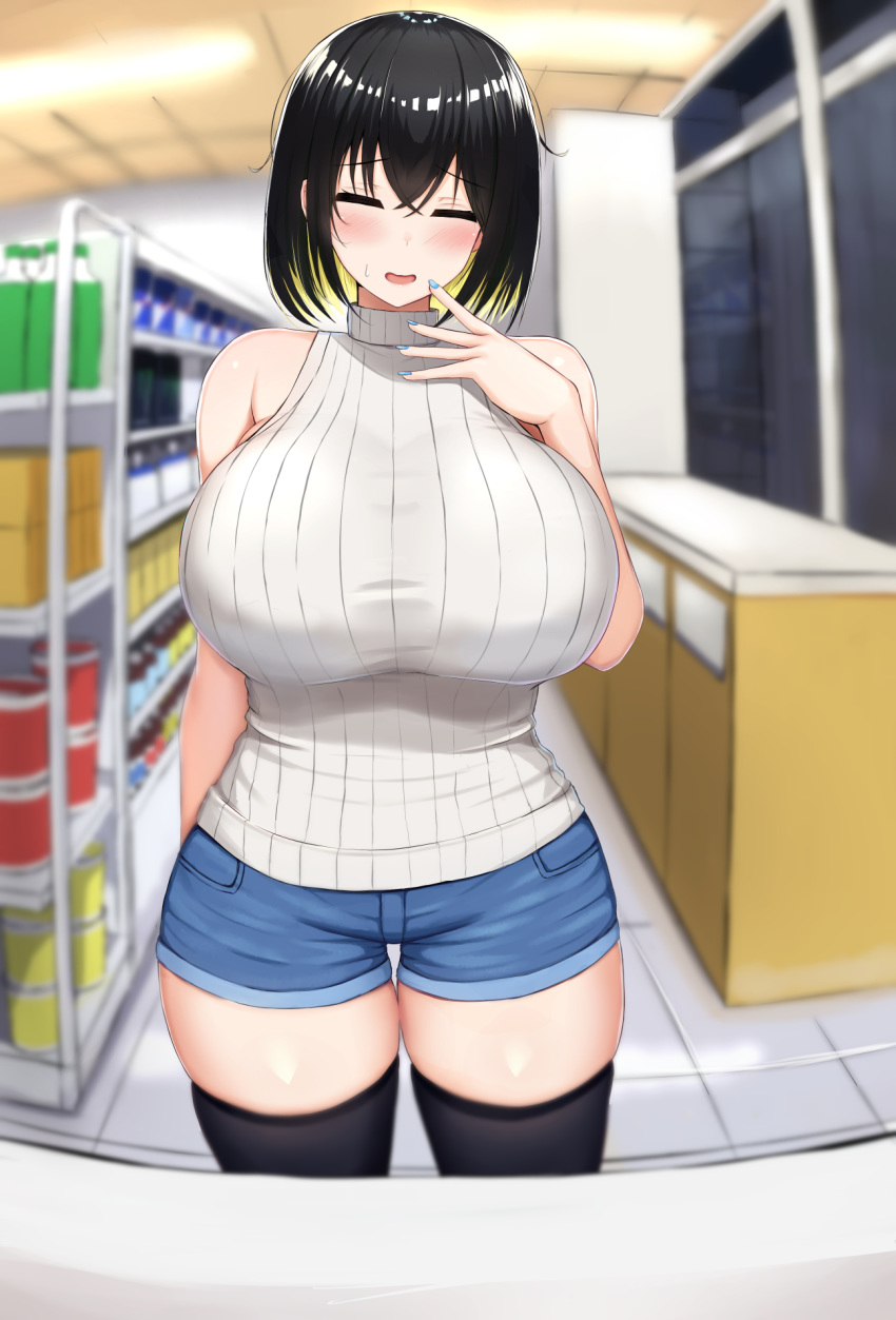 1girl bangs bare_shoulders black_hair blonde_hair blue_nails blush breasts closed_eyes convenience_store denim denim_shorts hand_on_own_face highres huge_breasts large_breasts multicolored_hair nail_polish open_mouth original ribbed_sweater shidaidaka shop short_shorts shorts skindentation sleeveless sleeveless_turtleneck solo sweatdrop sweater thigh-highs thigh_gap thighs turtleneck two-tone_hair