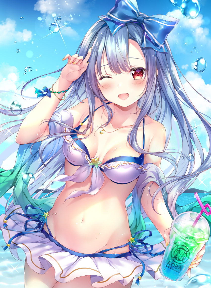 1girl ;d aoba_project aoba_rena bare_shoulders bikini bikini_skirt blue_hair blue_sky bow bracelet breasts bubble clouds collarbone cowboy_shot cup disposable_cup front-tie_bikini front-tie_top hair_bow hand_up highres holding jewelry long_hair looking_at_viewer medium_breasts navel necklace one_eye_closed open_mouth red_eyes sakura_moyon shawl side-tie_bikini sky smile solo stomach swimsuit white_bikini