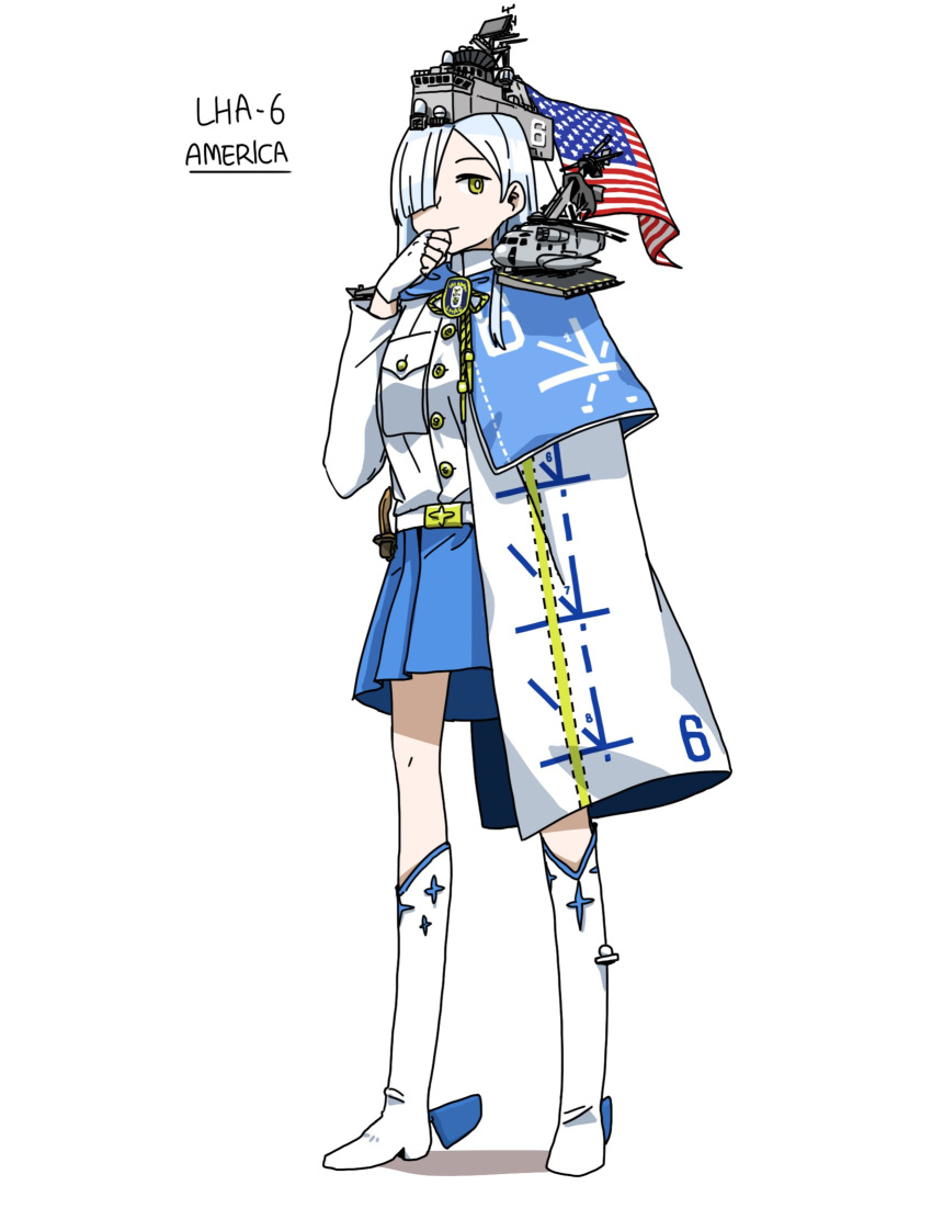 1girl american_flag anyan_(jooho) blue_capelet boots buttons cape capelet ch-53 closed_mouth fingerless_gloves full_body gloves hair_over_one_eye hand_on_own_chin highres knee_boots long_hair long_sleeves mecha_musume one_eye_covered original shirt solo standing united_states_navy white_cape white_footwear white_gloves white_hair white_shirt yellow_eyes