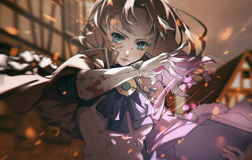 1girl annette_fantine_dominic bangs blood blood_on_face bloody_clothes blue_eyes book cape fire_emblem fire_emblem:_three_houses gloves highres holding looking_at_viewer magic orange_hair parted_bangs parted_lips ribbon shiomi_(lowrise) short_hair solo solo_focus