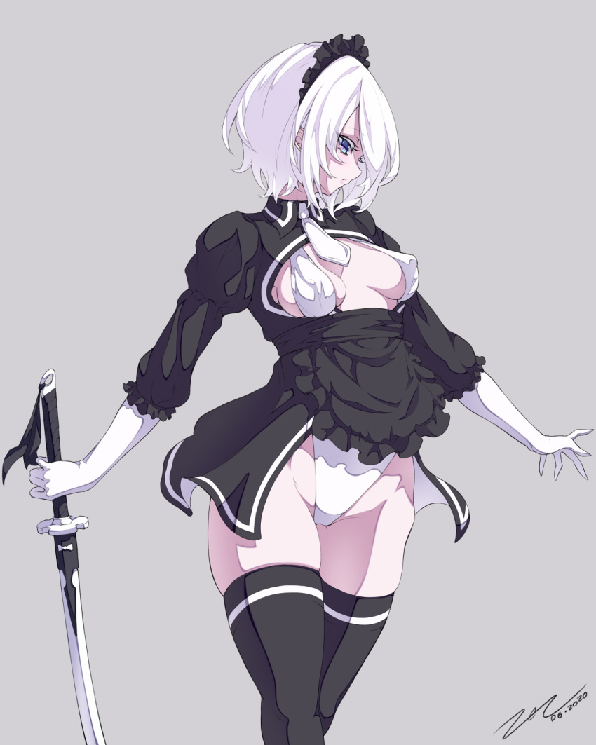 alternate_costume black_legwear blue_eyes breasts cleavage_cutout covered_nipples dated enmaided eyebrows_visible_through_hair eyes_visible_through_hair frills gloves grey_background highres holding holding_weapon katana leotard maid maid_headdress necktie nier_(series) nier_automata parted_lips pink_lips puffy_sleeves scarlet_zel short_hair signature simple_background sword thigh-highs weapon white_gloves white_hair white_neckwear yorha_no._2_type_b