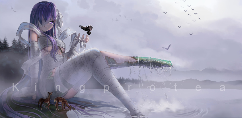 1girl animal bandage_over_one_eye bandaged_arm bandaged_leg bandages bird clouds cloudy_sky deer eagle fate/extra fate/extra_ccc fate/extra_ccc_fox_tail fate/grand_order fate_(series) forest giantess highres in_water kingprotea lake moss nature sky solo tutler