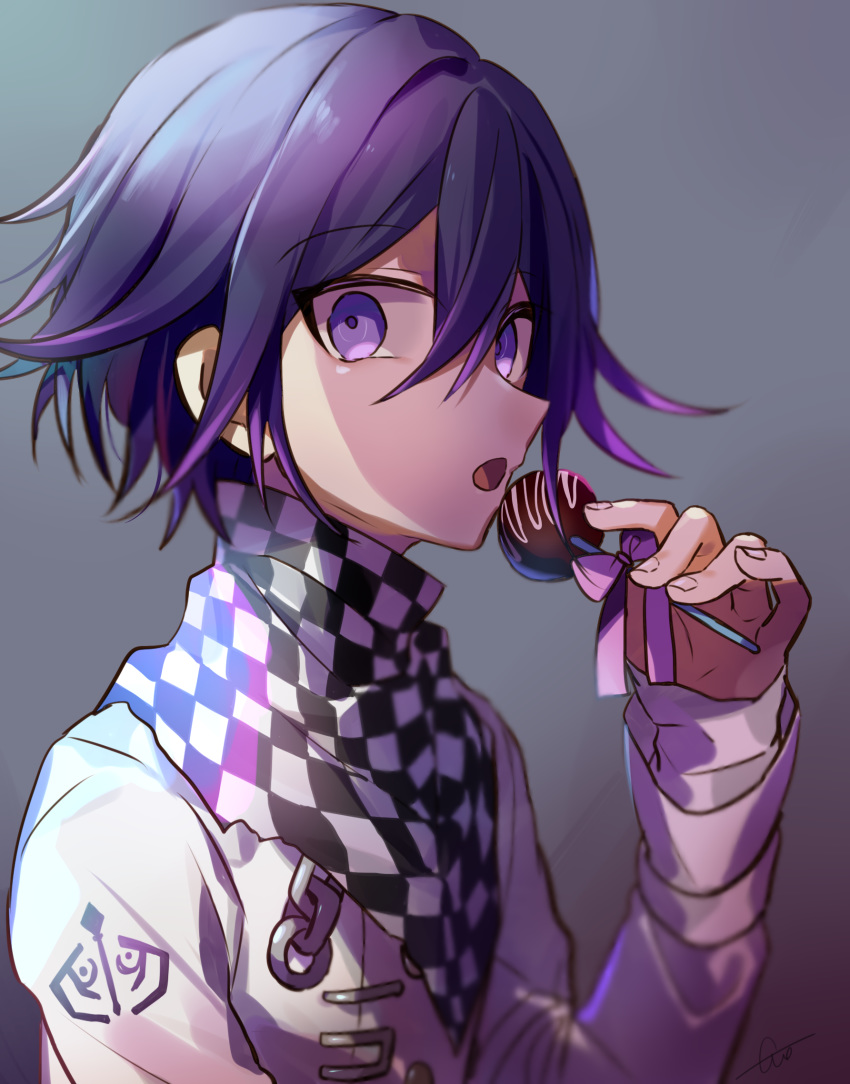 1boy candy candy_apple chain checkered commentary_request dangan_ronpa eyebrows_visible_through_hair face food gradient gradient_background grey_background hair_between_eyes highres holding holding_candy holding_food huyuharu0214 jacket layered_sleeves long_sleeves looking_at_viewer male_focus new_dangan_ronpa_v3 open_mouth ouma_kokichi purple_hair scarf signature sleeves_past_wrists smile solo super_dangan_ronpa_2 upper_body violet_eyes white_jacket