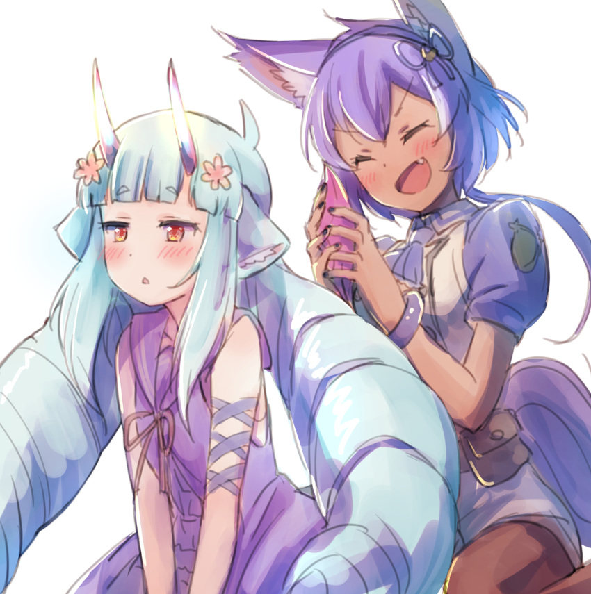 2girls :d ^_^ animal_ear_fluff animal_ears bangs blue_hair blue_hairband blunt_bangs blush brown_flower brown_legwear closed_eyes dark_skin delmin_(show_by_rock!!) dragon_horns dress eyebrows_visible_through_hair fang flower hair_flower hair_ornament hairband hands_up highres holding_tail horns long_hair multiple_girls nyama open_mouth pantyhose parted_lips puffy_short_sleeves puffy_sleeves purple_dress purple_hair purple_sailor_collar red_eyes ruhuyu_(show_by_rock!!) sailor_collar sailor_dress shirt short_eyebrows short_sleeves show_by_rock!! simple_background sleeveless sleeveless_dress smile tail thick_eyebrows twintails v-shaped_eyebrows very_long_hair white_background white_shirt wolf_ears wolf_girl wolf_tail