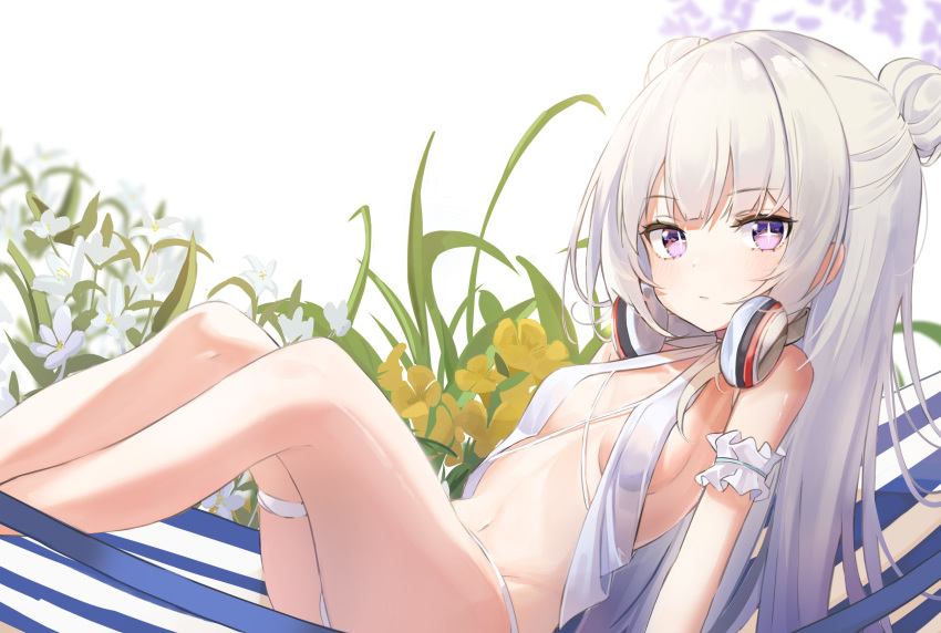 +_+ 1girl azur_lane bangs bare_shoulders bikini blue_eyes blush breasts closed_mouth commentary_request double_bun eyebrows_visible_through_hair flower hair_between_eyes hammock headphones headphones_around_neck highres le_malin_(azur_lane) le_malin_(wednesday's_retreat)_(azur_lane) long_hair looking_at_viewer mint_(psmin30) navel scrunchie sidelocks silver_hair small_breasts solo swimsuit symbol-shaped_pupils very_long_hair white_bikini white_flower white_scrunchie yellow_flower