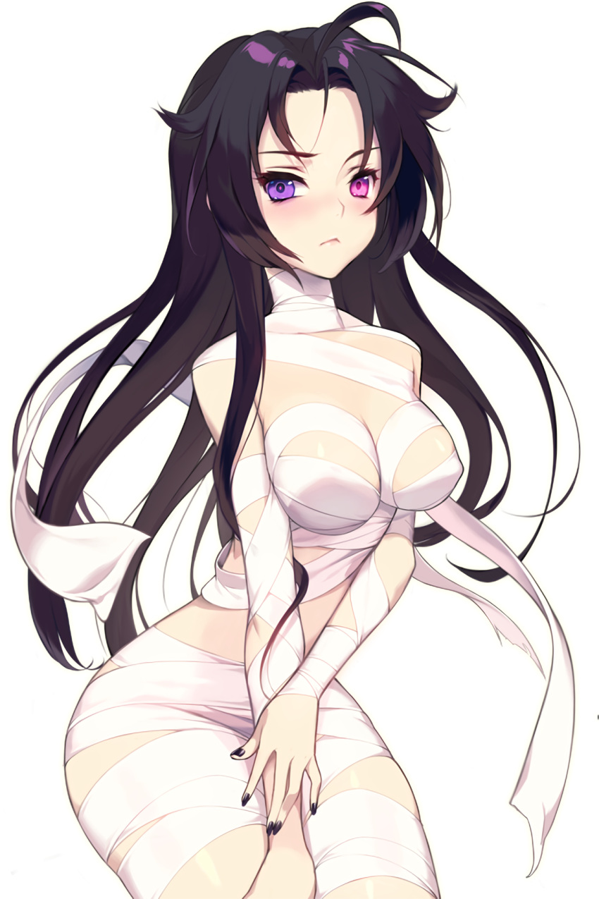 1000marie 1girl bandages black_hair blush breasts hair_down heterochromia highres lab_rat_rabian long_hair looking_at_viewer medium_breasts mummy nail_polish naked_bandage official_art open_mouth resized soccer_spirits solo transparent_background upscaled violet_eyes