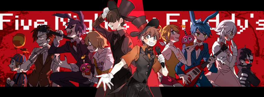 3girls 6+boys animal_ears balloon balloon_boy_(fnaf) bib black_hair blonde_hair blue_hair blush_stickers bonnie_(fnaf) brown_hair chica child cupcake_(fnaf) dress_shirt everyone five_nights_at_freddy's five_nights_at_freddy's_2 foxy_(fnaf) freddy_fazbear guitar hat hook_hand humanization instrument mangle multiple_boys multiple_girls newo_(shinra-p) personification purple_hair rabbit_ears redhead sharp_teeth shirt short_hair smile teeth the_puppet_(fnaf) top_hat toy_bonnie toy_chica toy_freddy white_legwear