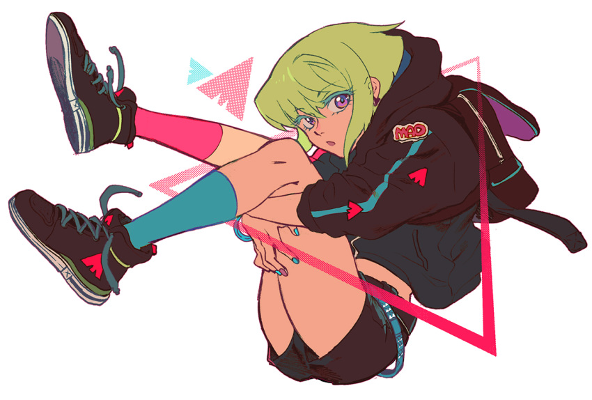 1boy backpack bag bangs belt bhh4321 blue_legwear earrings eyebrows_visible_through_hair full_body green_hair jacket jewelry knees_to_chest knees_up leg_hug lio_fotia looking_at_viewer male_focus mismatched_legwear pink_legwear promare shoes short_shorts shorts simple_background sitting sneakers solo violet_eyes white_background