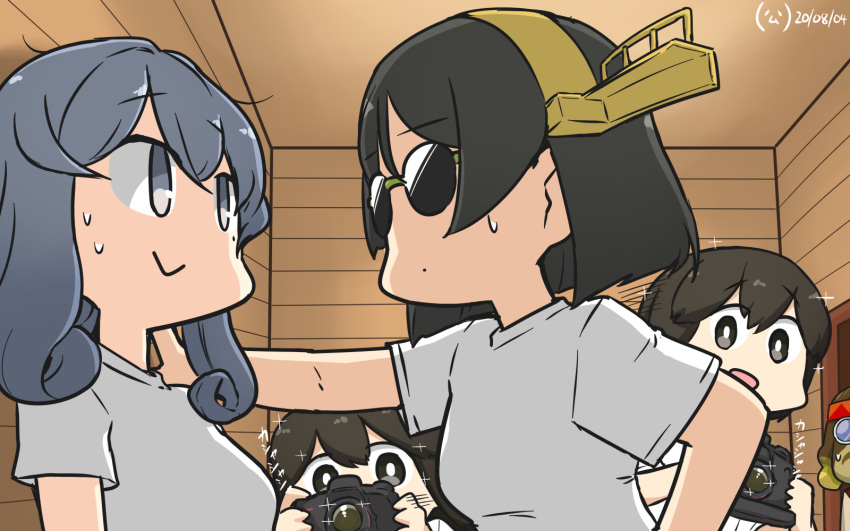 4girls against_wall alternate_costume black_hair blue_eyes blue_hair camera character_request commentary_request crossover dated doubutsu_no_mori eye_contact gotland_(kantai_collection) hamu_koutarou highres indoors isonami_(kantai_collection) kantai_collection kirishima_(kantai_collection) looking_at_another mole mole_under_eye multiple_girls shirt short_hair sunglasses t-shirt upper_body uranami_(kantai_collection) wall_slam white_shirt wooden_wall