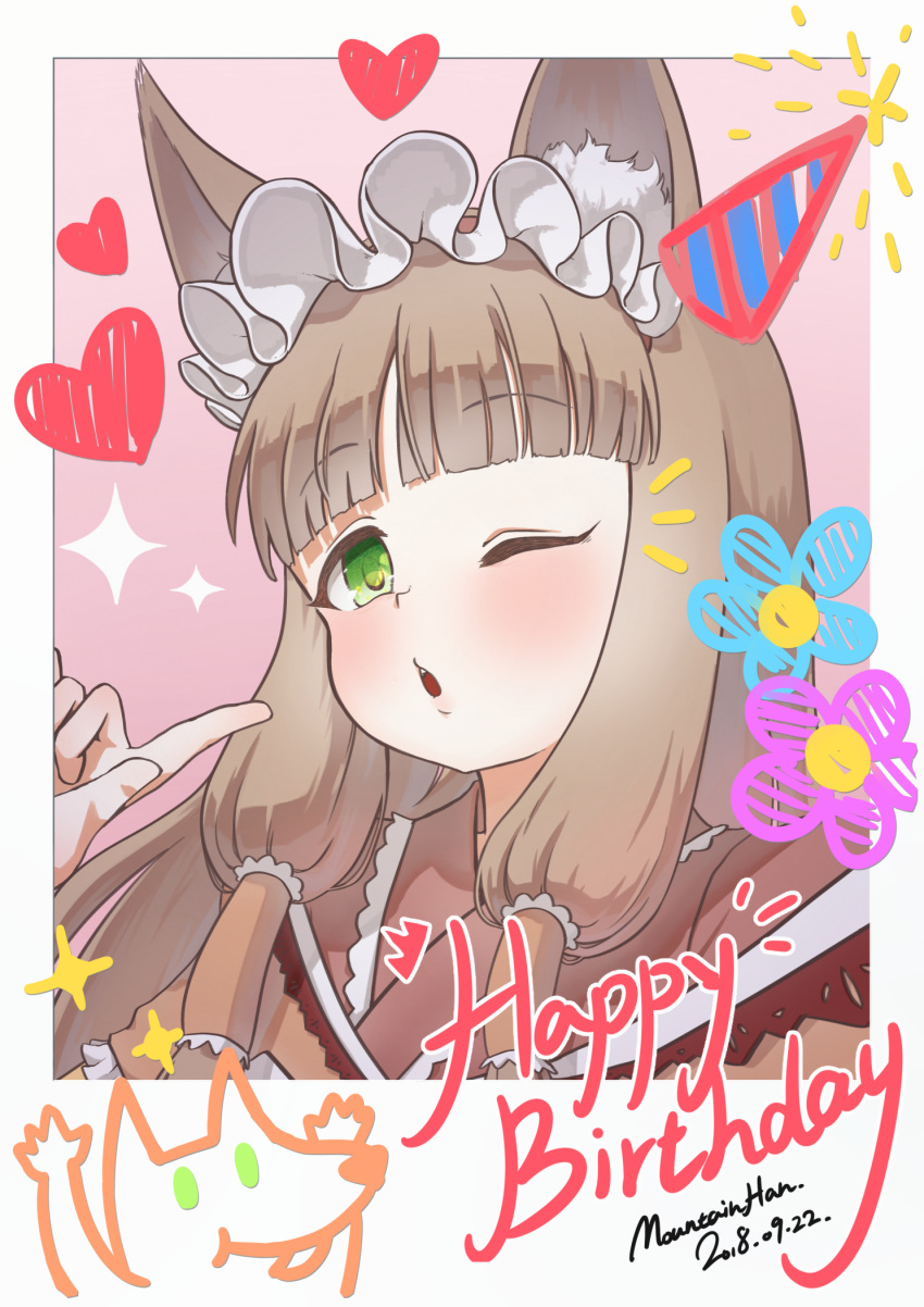 1girl animal_ear_fluff animal_ears bangs blunt_bangs blush border brown_hair dated english_text green_eyes hair_ornament hair_tubes hand_up happy_birthday highres index_finger_raised looking_at_viewer maho_(princess_connect!) mountain_han one_eye_closed parted_lips princess_connect! princess_connect!_re:dive signature solo upper_body white_border